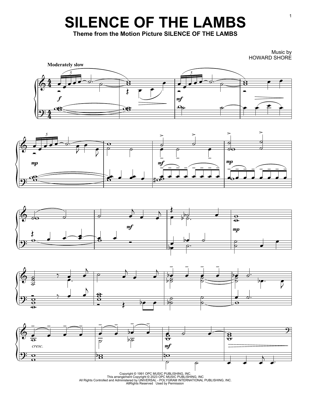 Howard Shore Silence Of The Lambs sheet music notes and chords arranged for Piano Solo