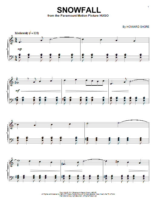 Howard Shore Snowfall sheet music notes and chords arranged for Piano Solo