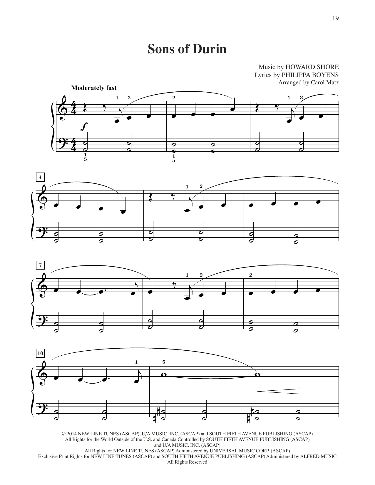 Howard Shore Sons Of Durin (from The Hobbit: The Battle of the Five Armies) (arr. Carol Matz) sheet music notes and chords arranged for Big Note Piano