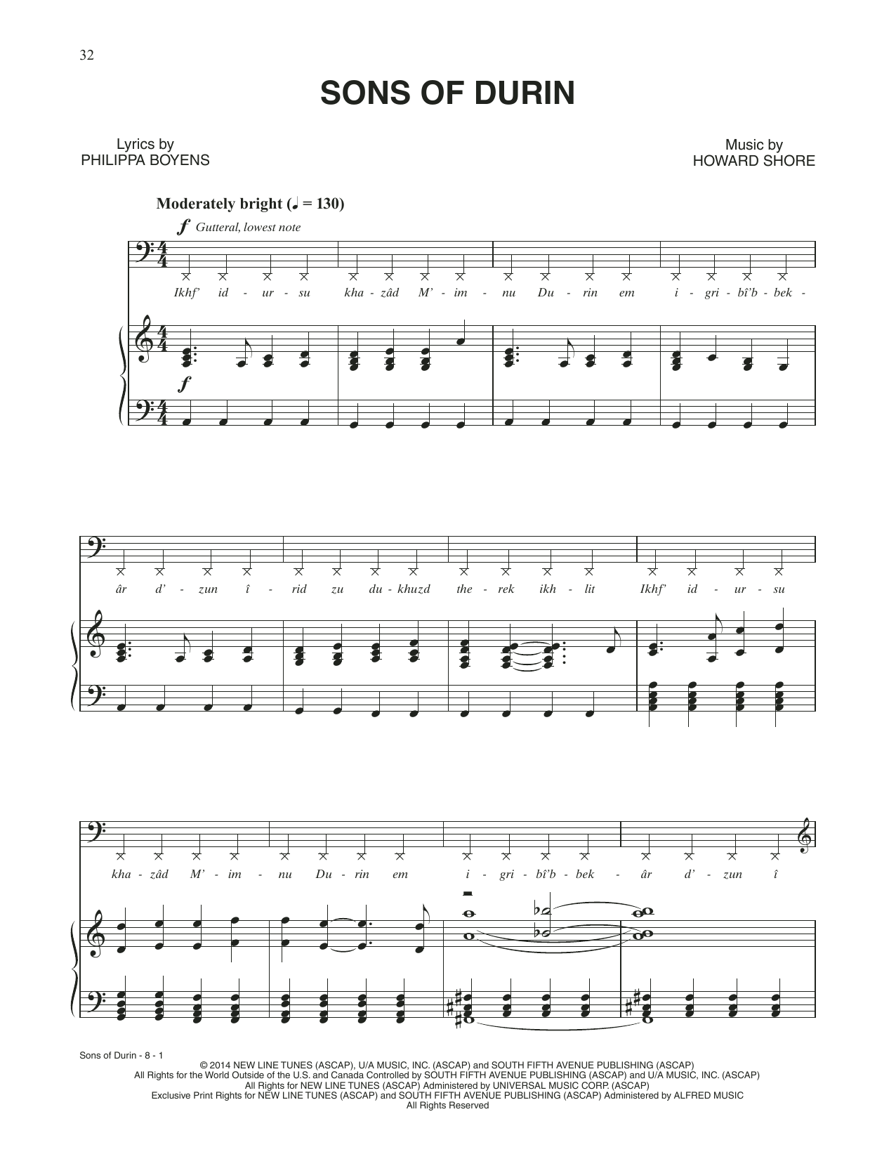 Howard Shore Sons Of Durin (from The Hobbit: The Battle of the Five Armies) sheet music notes and chords arranged for Piano & Vocal