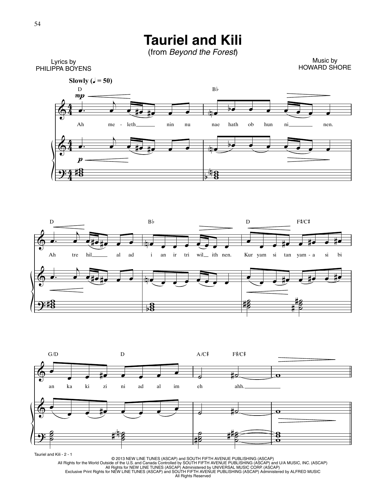 Howard Shore Tauriel And Kili (from The Hobbit: The Desolation of Smaug) sheet music notes and chords arranged for Piano & Vocal