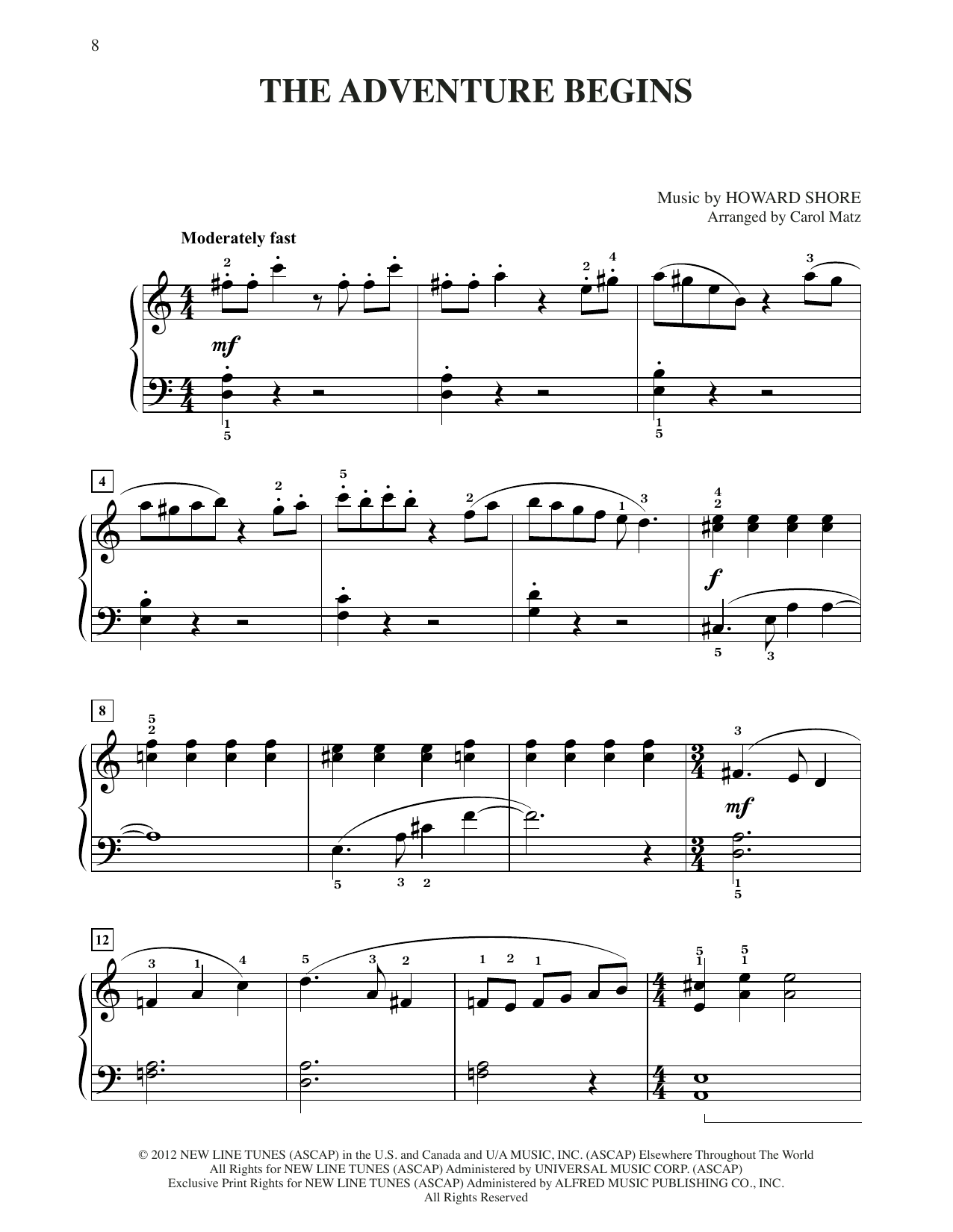 Howard Shore The Adventure Begins (from The Hobbit: An Unexpected Journey) (arr. Carol Matz) sheet music notes and chords arranged for Big Note Piano