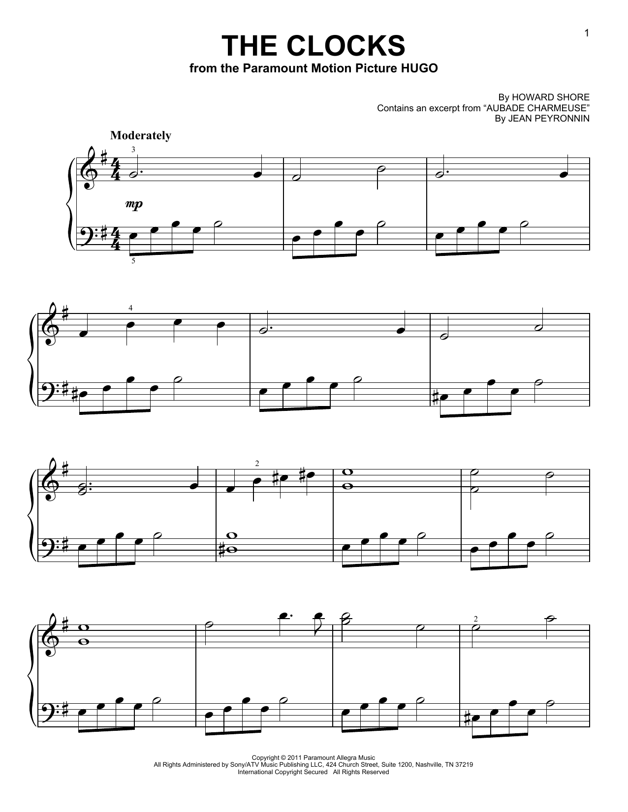 Howard Shore The Clocks (from Hugo) sheet music notes and chords arranged for Very Easy Piano