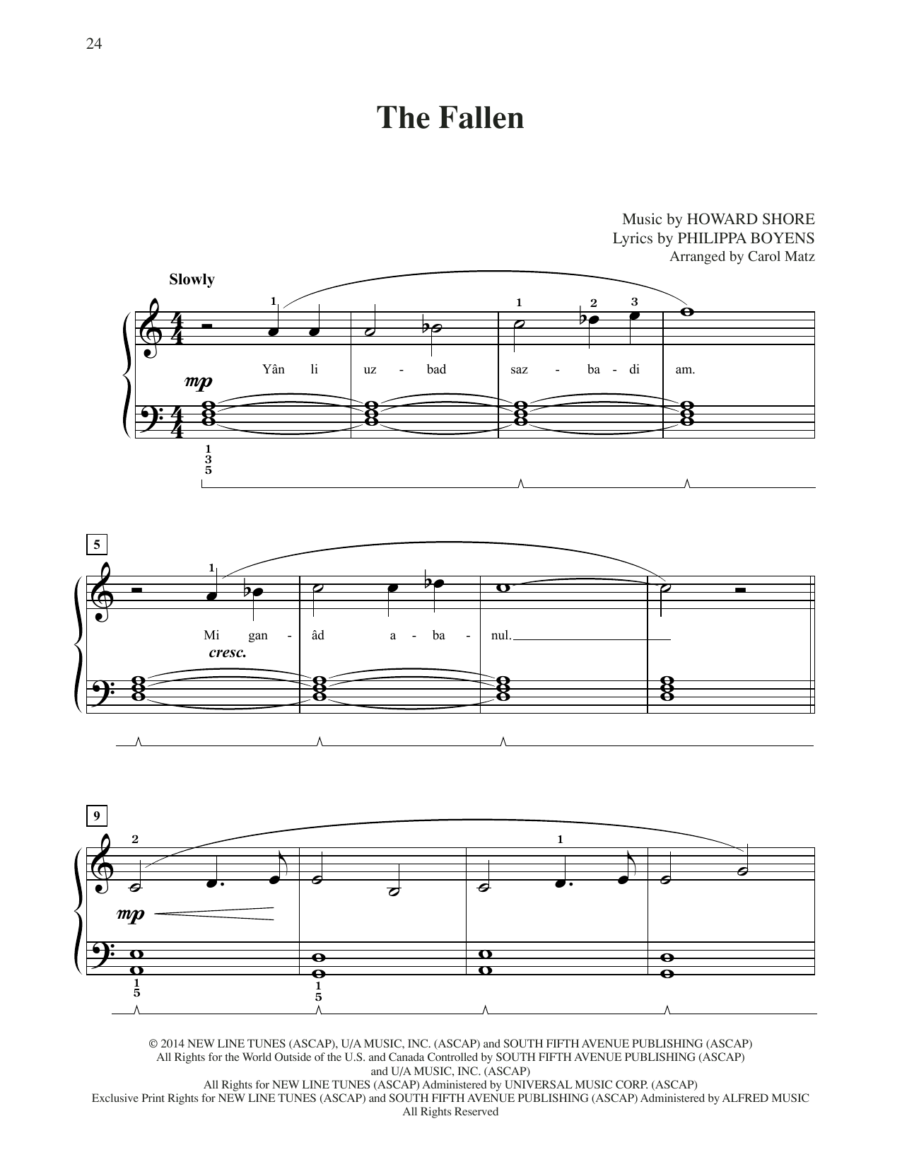 Howard Shore The Fallen (from The Hobbit: The Battle of the Five Armies) (arr. Carol Matz) sheet music notes and chords arranged for Big Note Piano