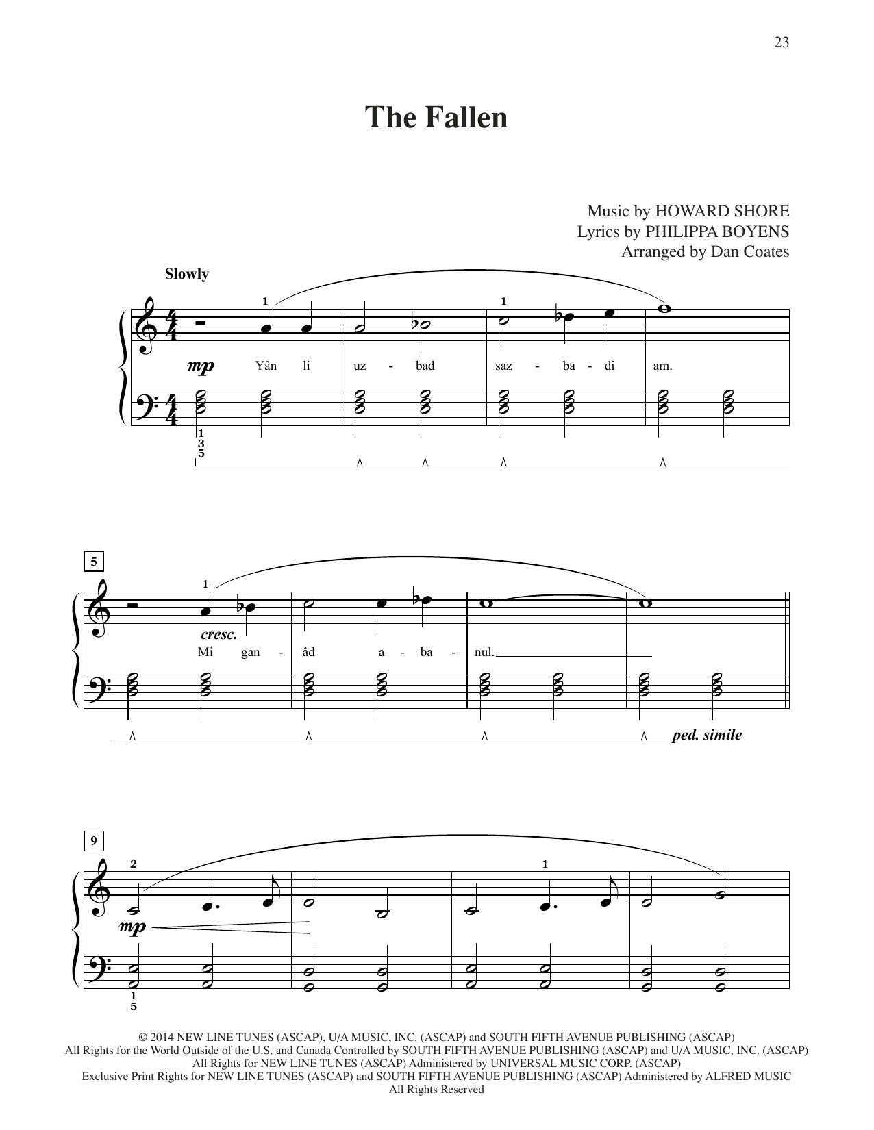 Howard Shore The Fallen (from The Hobbit: The Battle of the Five Armies) (arr. Dan Coates) sheet music notes and chords arranged for Easy Piano