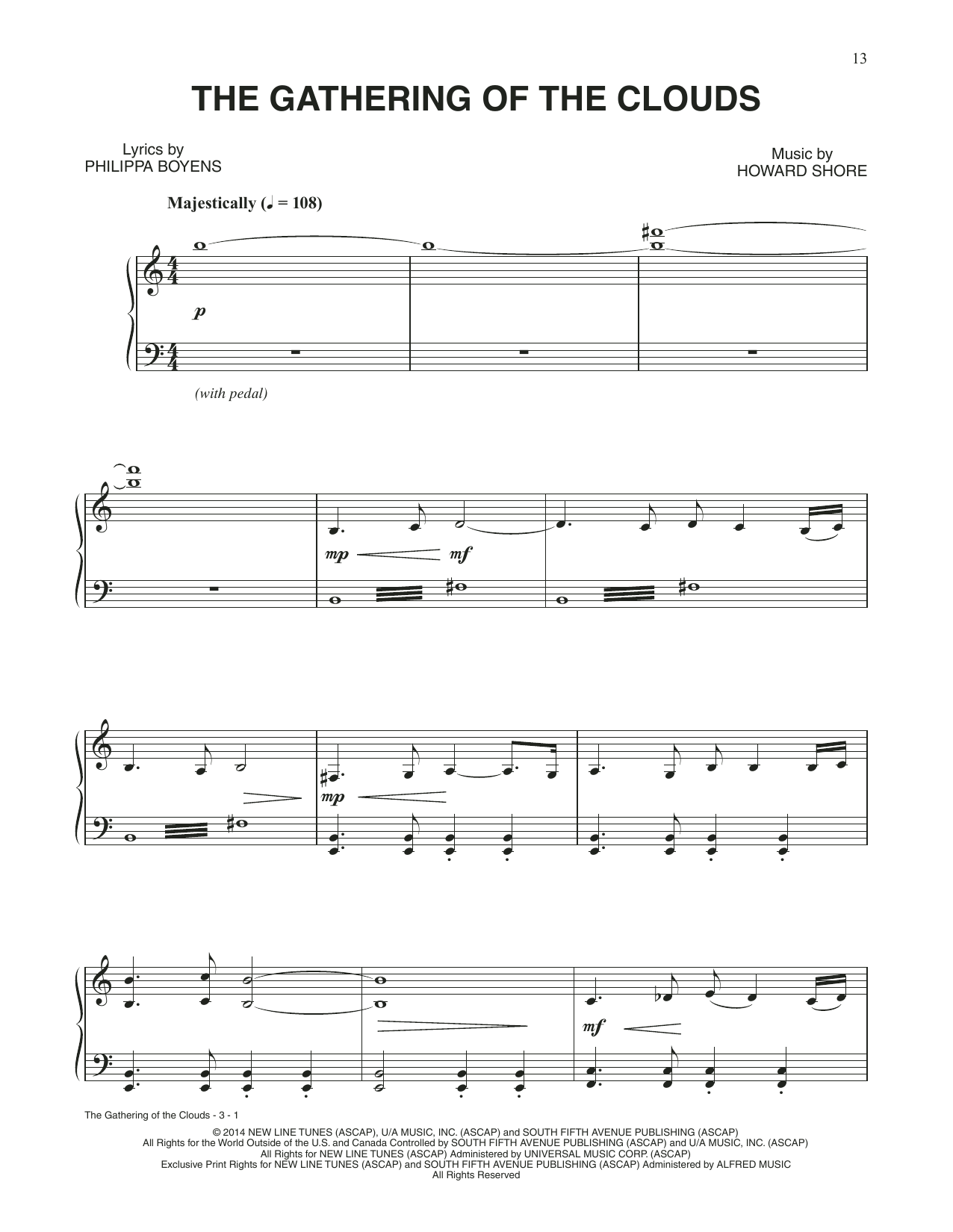 Howard Shore The Gathering Of The Clouds (from The Hobbit: The Battle of the Five Armies) sheet music notes and chords arranged for Piano Solo