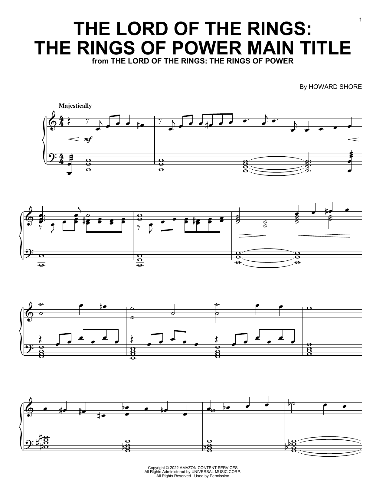 Howard Shore The Lord Of The Rings: The Rings Of Power Main Title sheet music notes and chords arranged for Piano Solo