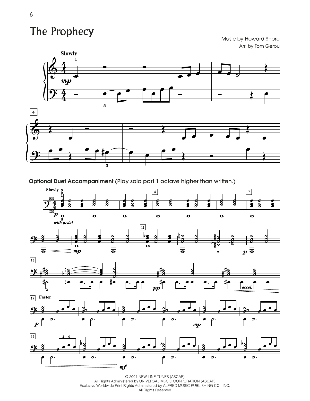 Howard Shore The Prophecy (from The Lord Of The Rings) (arr. Tom Gerou) sheet music notes and chords arranged for 5-Finger Piano