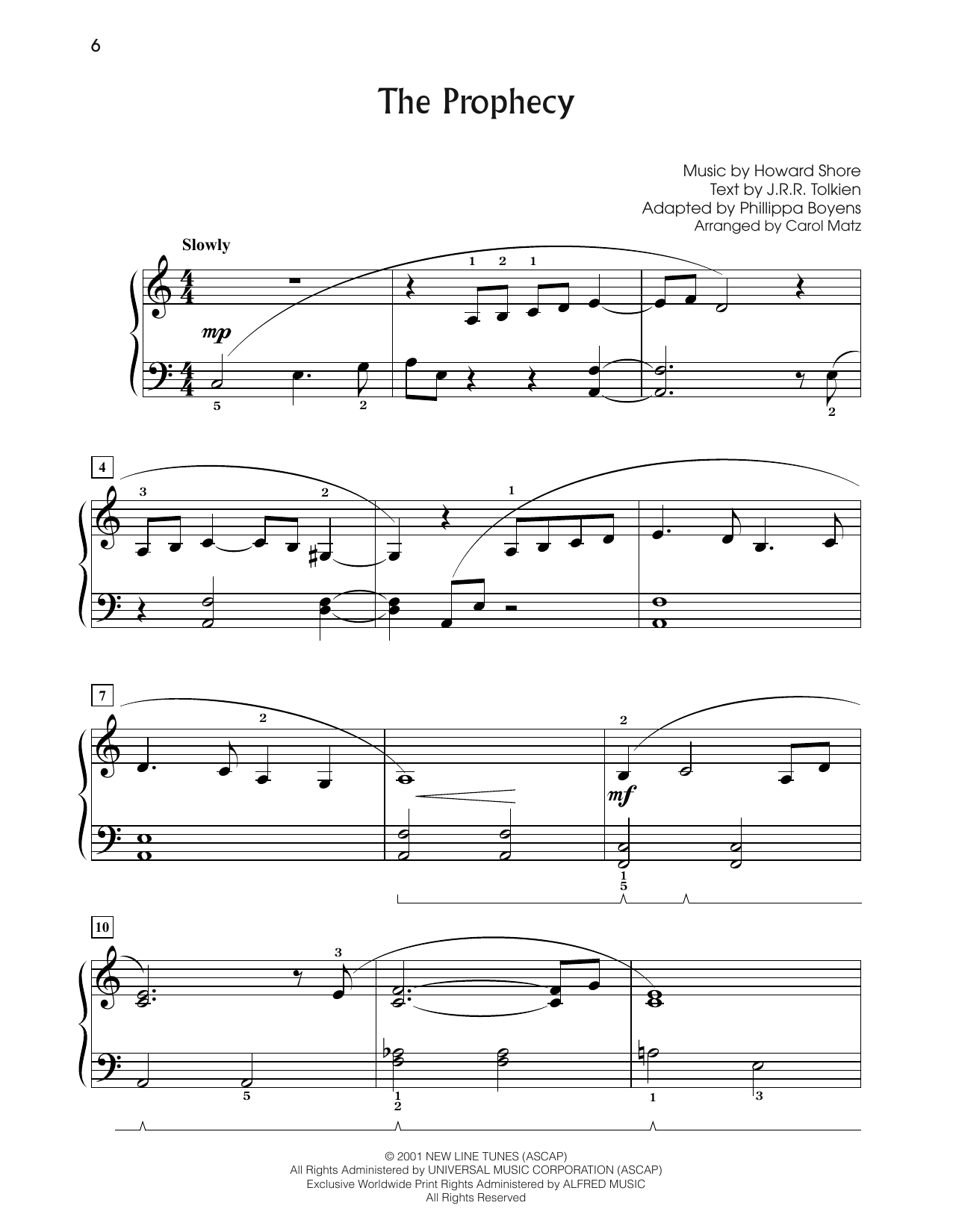 Howard Shore The Prophecy (from The Lord Of The Rings: The Fellowship Of The Ring) (arr. Carol Matz) sheet music notes and chords arranged for Big Note Piano