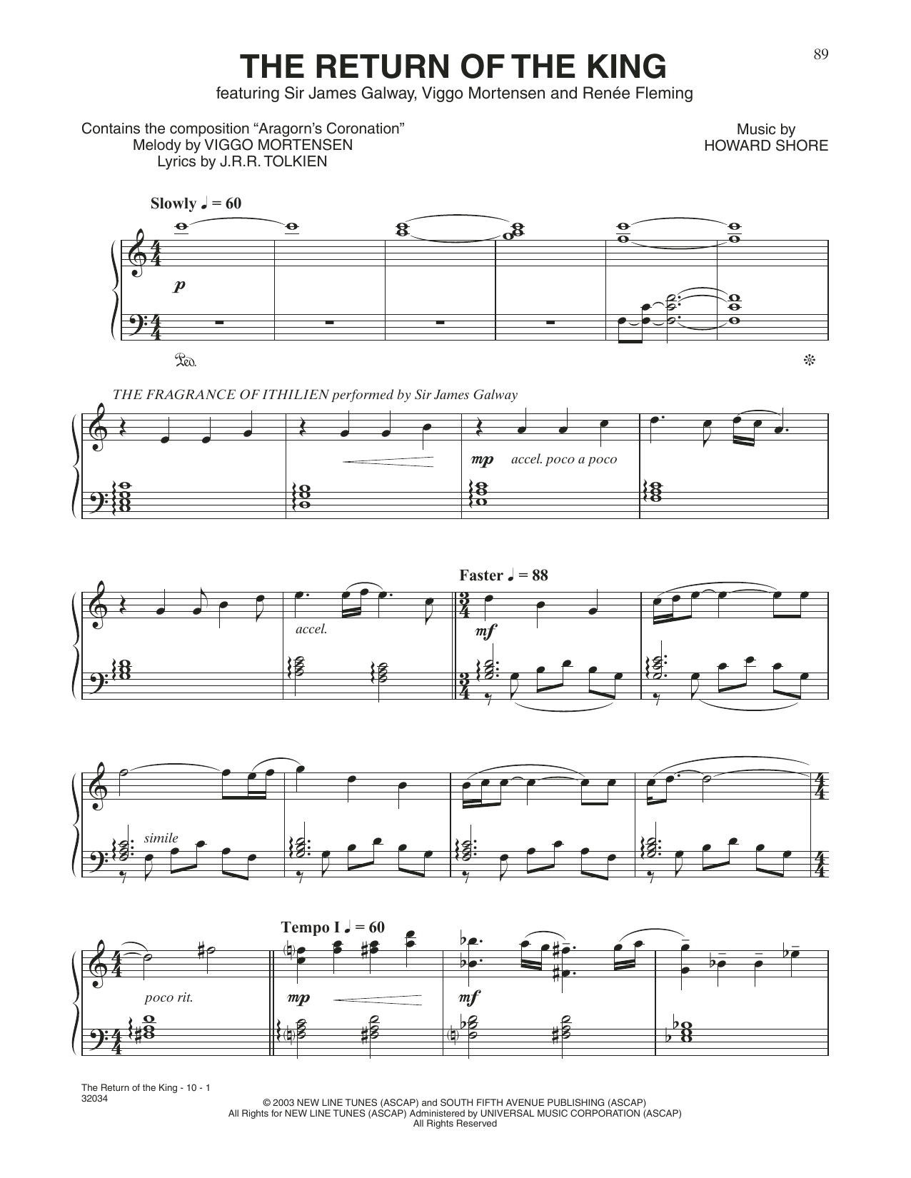 Howard Shore The Return Of The King (feat. Sir James Galway, Viggo Mortensen and Renée Fleming) sheet music notes and chords arranged for Piano & Vocal