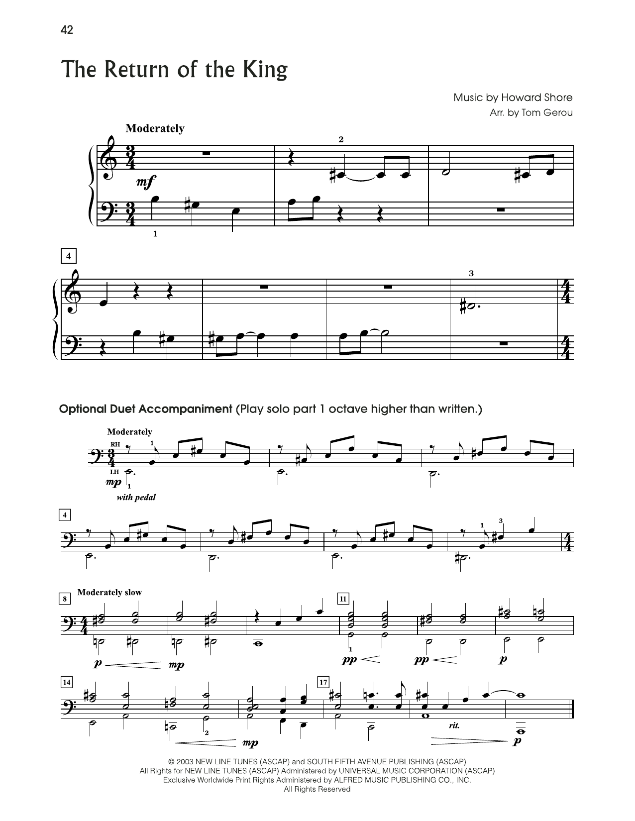 Howard Shore The Return Of The King (from The Lord Of The Rings) (arr. Tom Gerou) sheet music notes and chords arranged for 5-Finger Piano