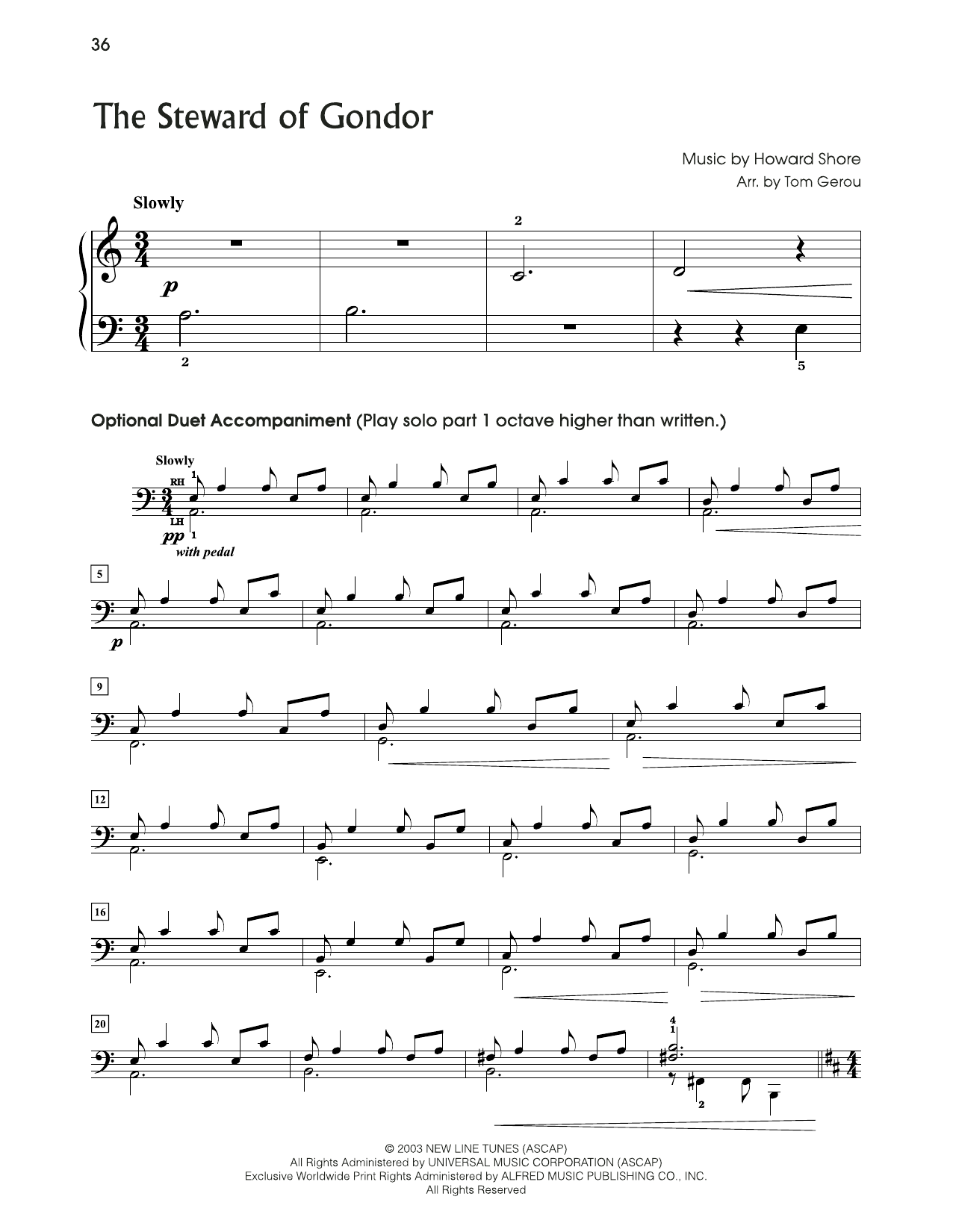 Howard Shore The Steward of Gondor (from The Lord Of The Rings) (arr. Tom Gerou) sheet music notes and chords arranged for 5-Finger Piano
