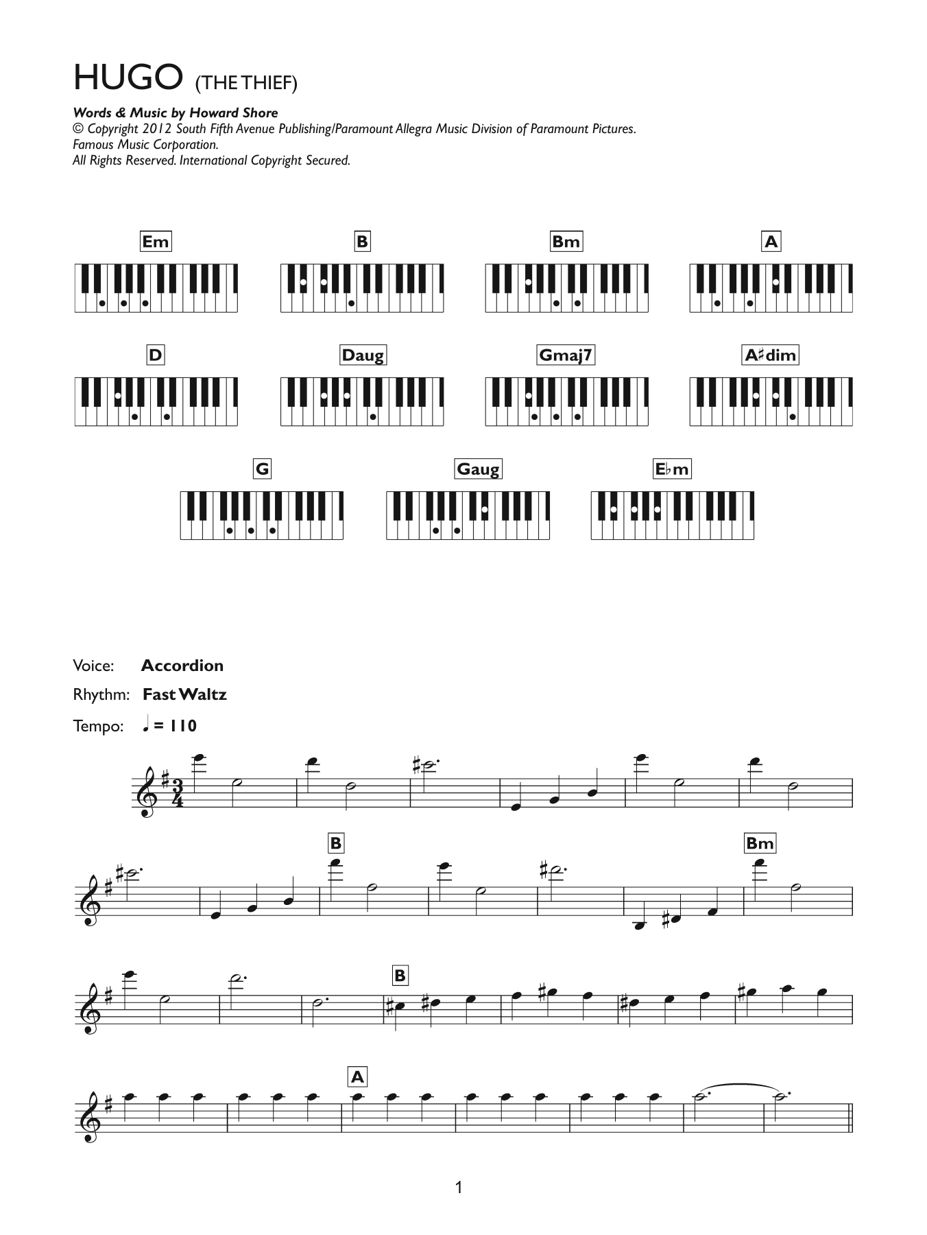 Howard Shore The Thief (from Hugo) sheet music notes and chords arranged for Piano Chords/Lyrics