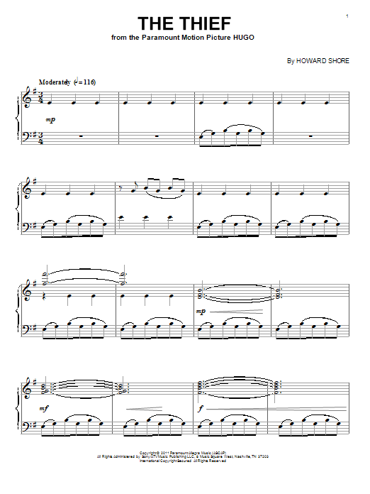 Howard Shore The Thief sheet music notes and chords arranged for Piano Solo