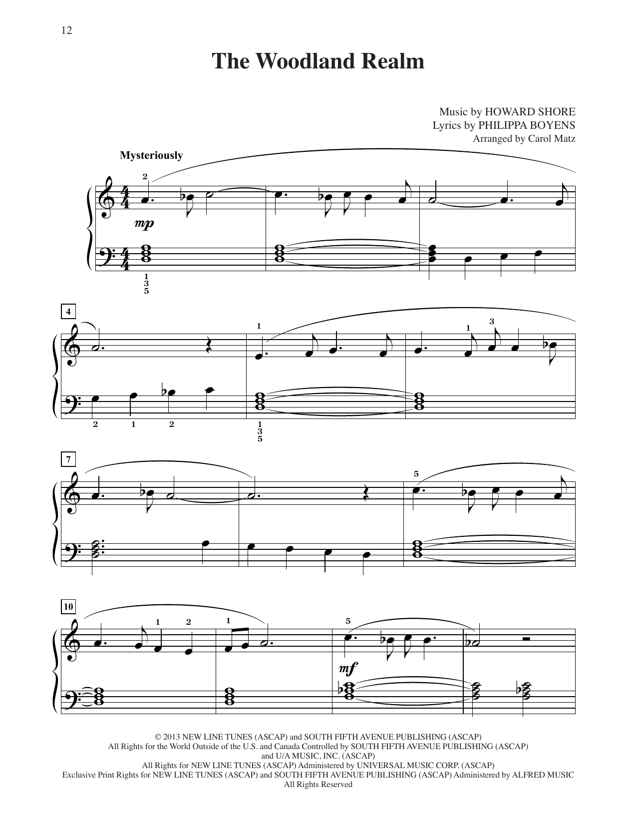 Howard Shore The Woodland Realm (from The Hobbit: The Desolation of Smaug) (arr. Carol Matz) sheet music notes and chords arranged for Big Note Piano