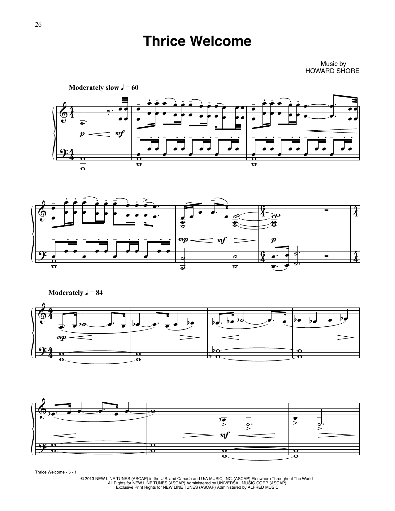 Howard Shore Thrice Welcome (from The Hobbit: The Desolation Of Smaug) sheet music notes and chords arranged for Piano Solo
