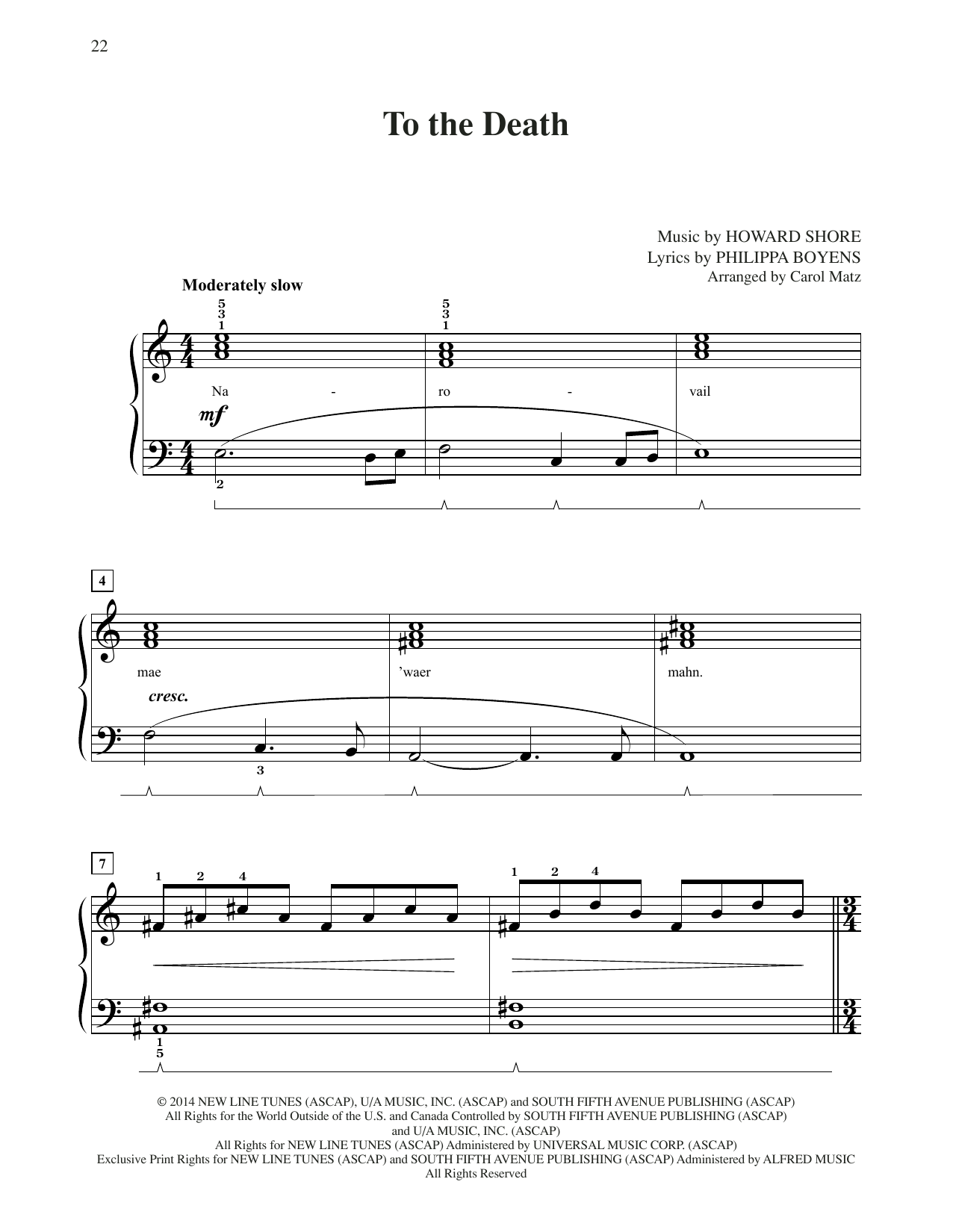 Howard Shore To The Death (from The Hobbit: The Battle of the Five Armies) (arr. Carol Matz) sheet music notes and chords arranged for Big Note Piano