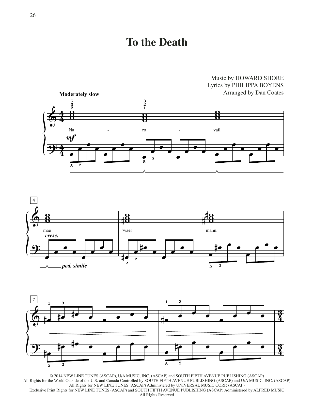 Howard Shore To The Death (from The Hobbit: The Battle of the Five Armies) (arr. Dan Coates) sheet music notes and chords arranged for Easy Piano