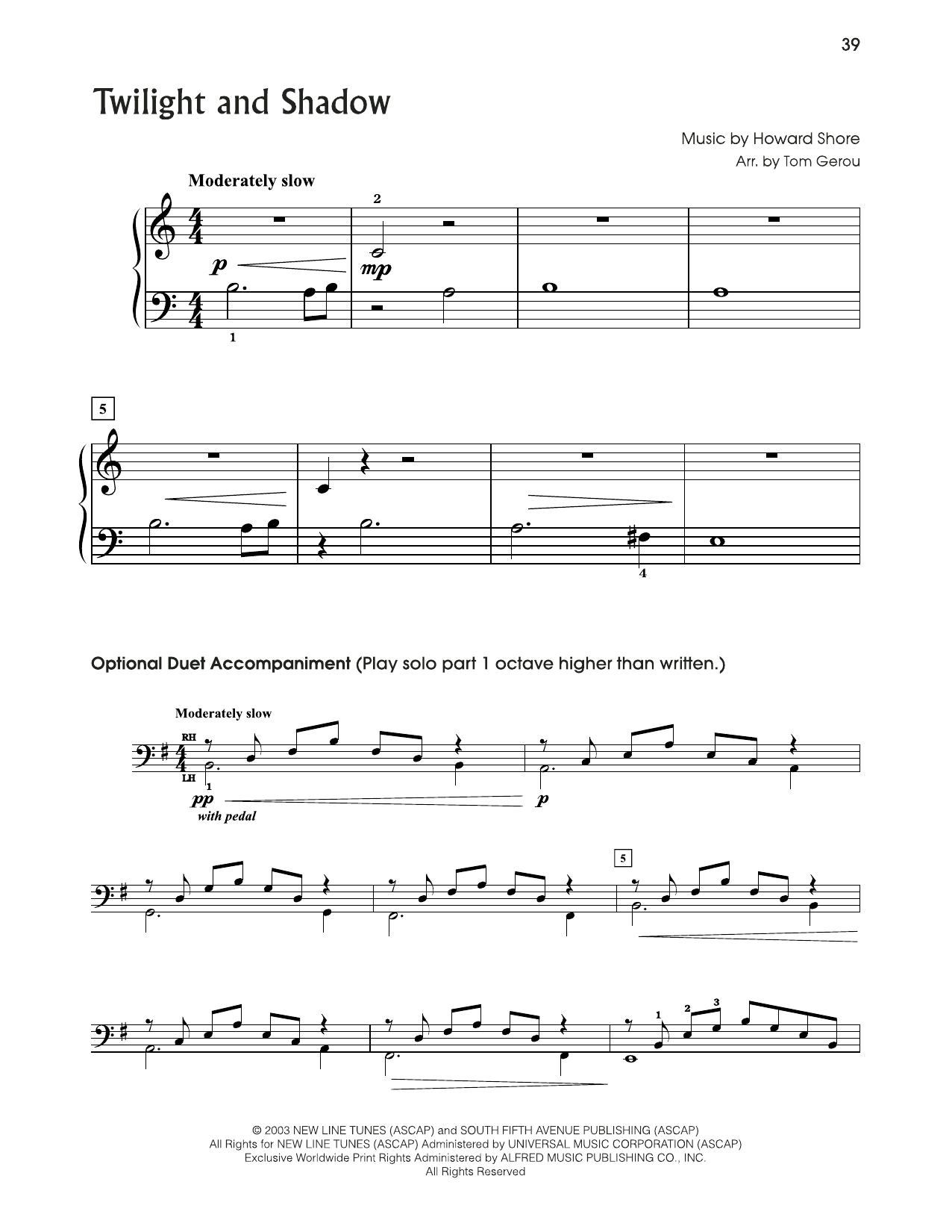 Howard Shore Twilight And Shadow (from The Lord Of The Rings) (arr. Tom Gerou) sheet music notes and chords arranged for 5-Finger Piano