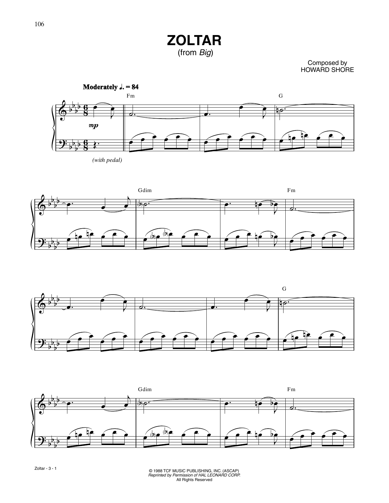 Howard Shore Zoltar (from Big) sheet music notes and chords arranged for Piano Solo