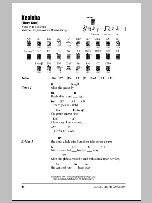 Howard Zuenger Kealoha (There Goes) sheet music notes and chords arranged for Ukulele