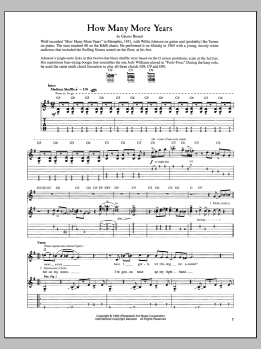 Howlin' Wolf How Many More Years sheet music notes and chords arranged for Piano, Vocal & Guitar Chords (Right-Hand Melody)