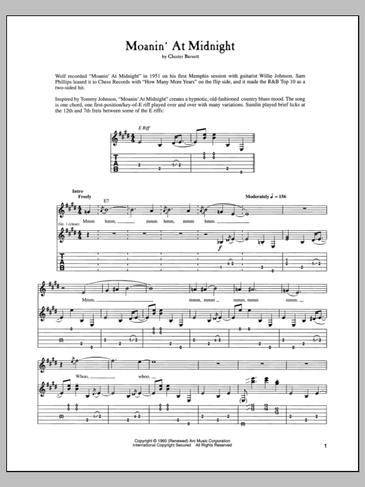 Howlin' Wolf Moanin' At Midnight sheet music notes and chords arranged for Guitar Tab