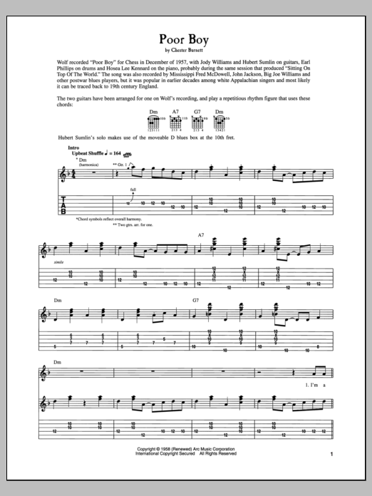 Howlin' Wolf Poor Boy sheet music notes and chords arranged for Guitar Tab