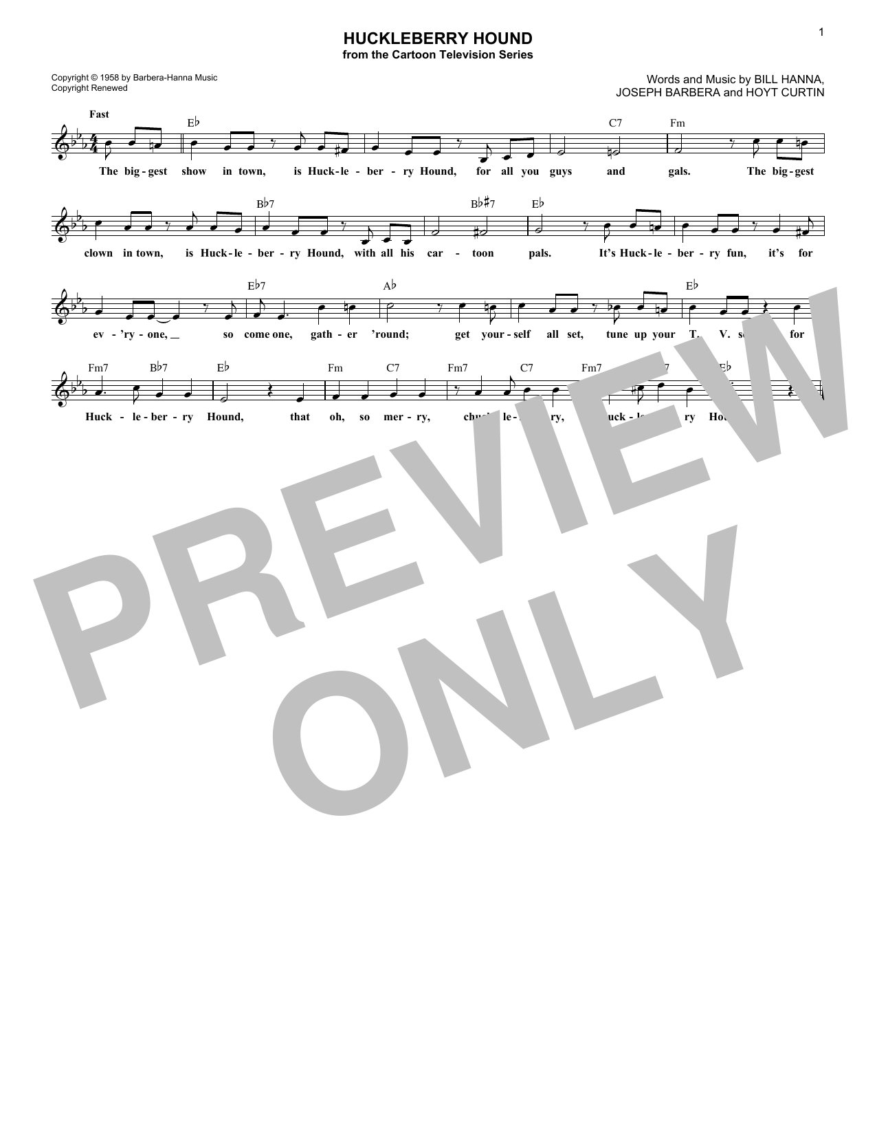 Hoyt Curtin Huckleberry Hound sheet music notes and chords arranged for Lead Sheet / Fake Book