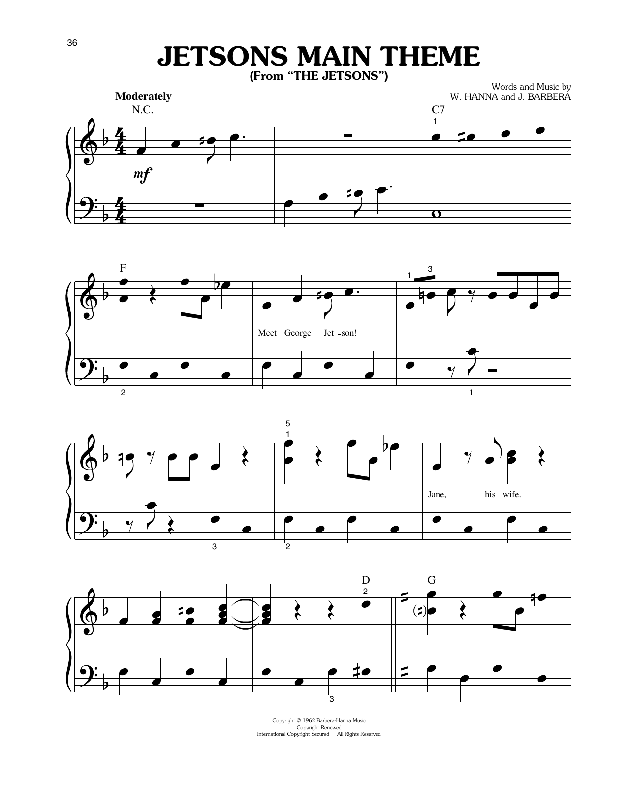 Hoyt Curtin Jetsons Main Theme sheet music notes and chords arranged for Big Note Piano