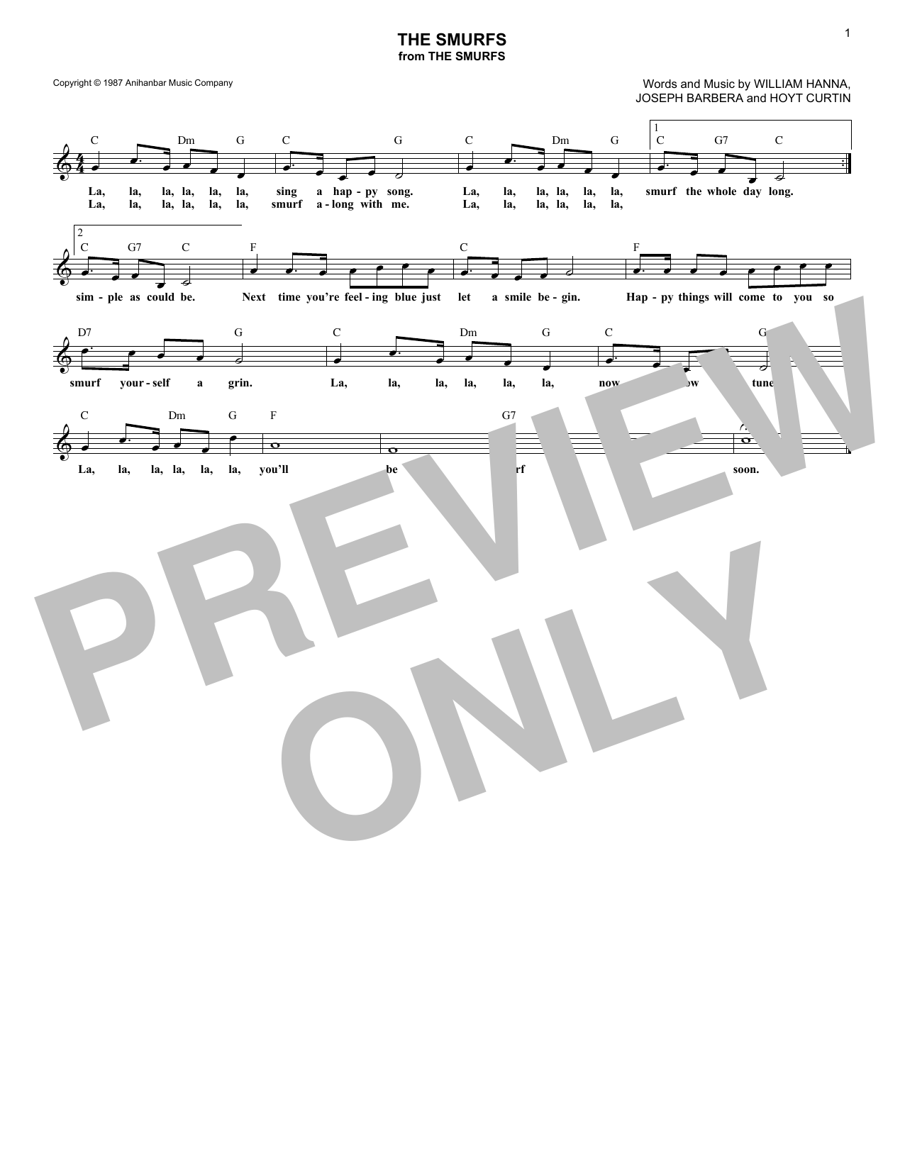Hoyt Curtin The Smurfs sheet music notes and chords arranged for Lead Sheet / Fake Book