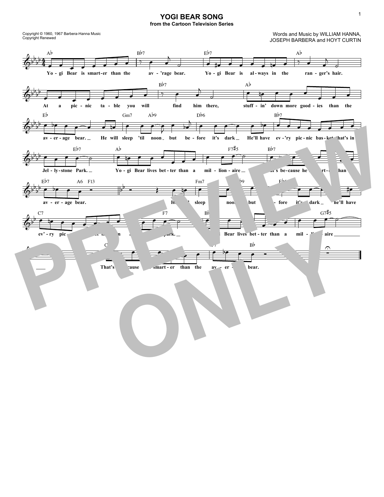 Hoyt Curtin Yogi Bear Song sheet music notes and chords arranged for Lead Sheet / Fake Book