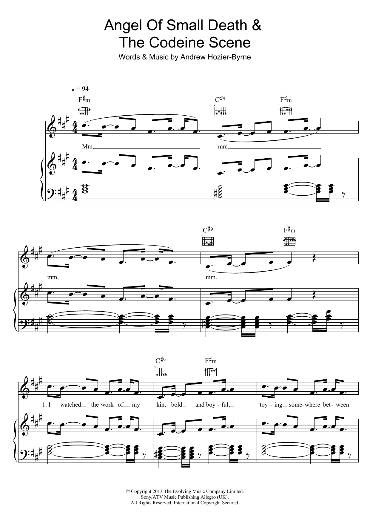 Hozier Angel Of Small Death And The Codeine Scene sheet music notes and chords arranged for Piano, Vocal & Guitar Chords
