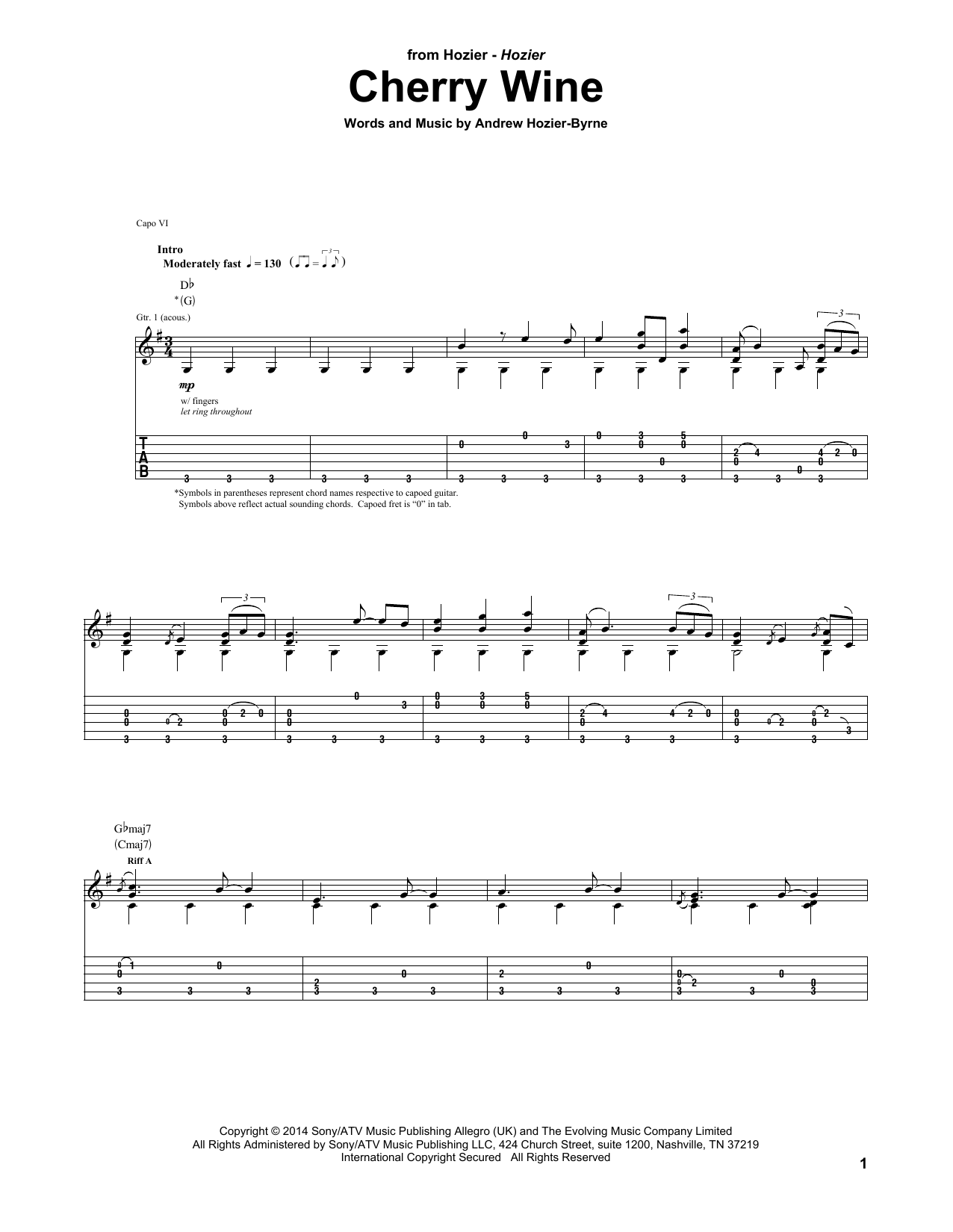 Hozier Cherry Wine sheet music notes and chords arranged for Guitar Tab