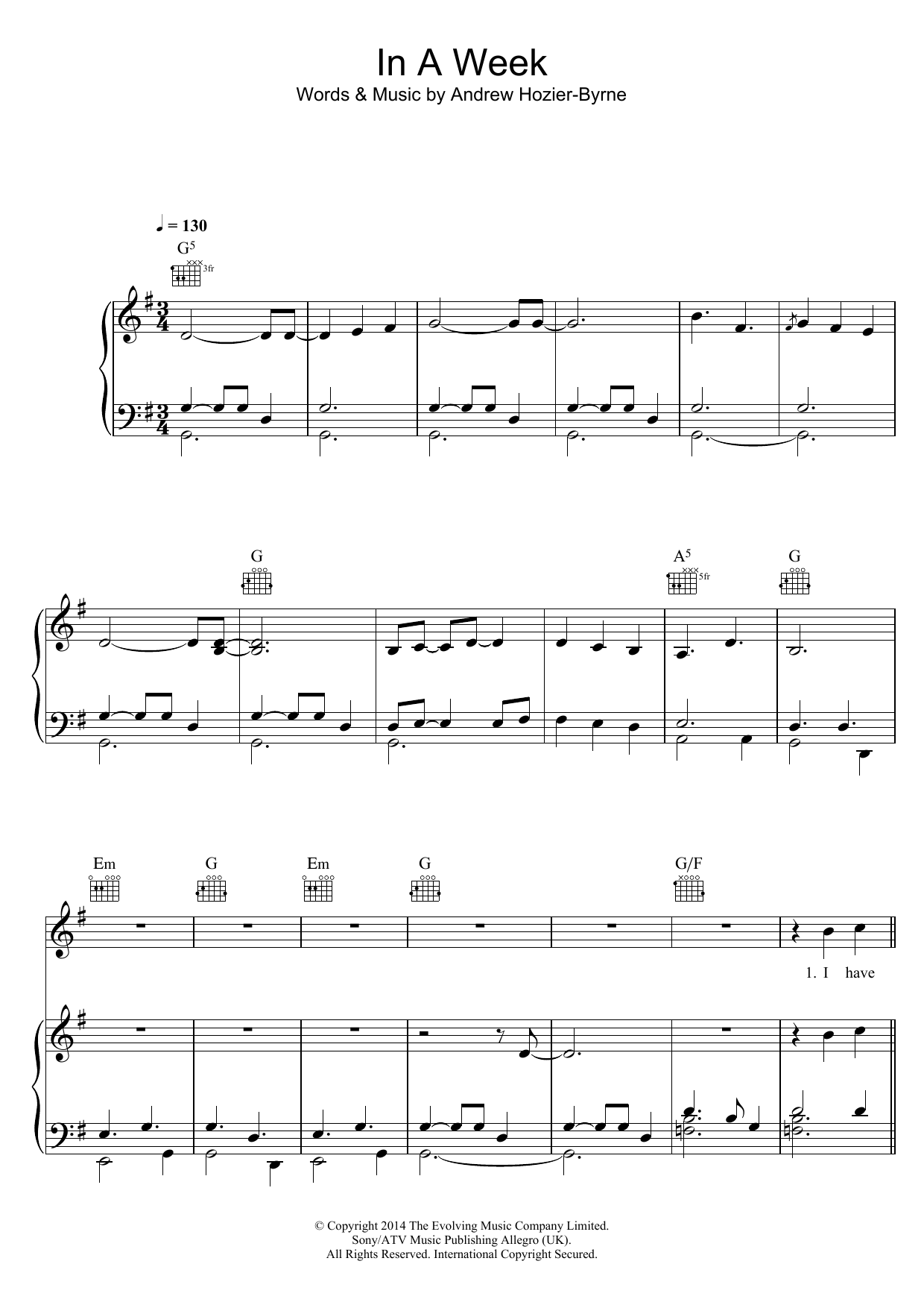 Hozier In A Week sheet music notes and chords arranged for Piano, Vocal & Guitar Chords