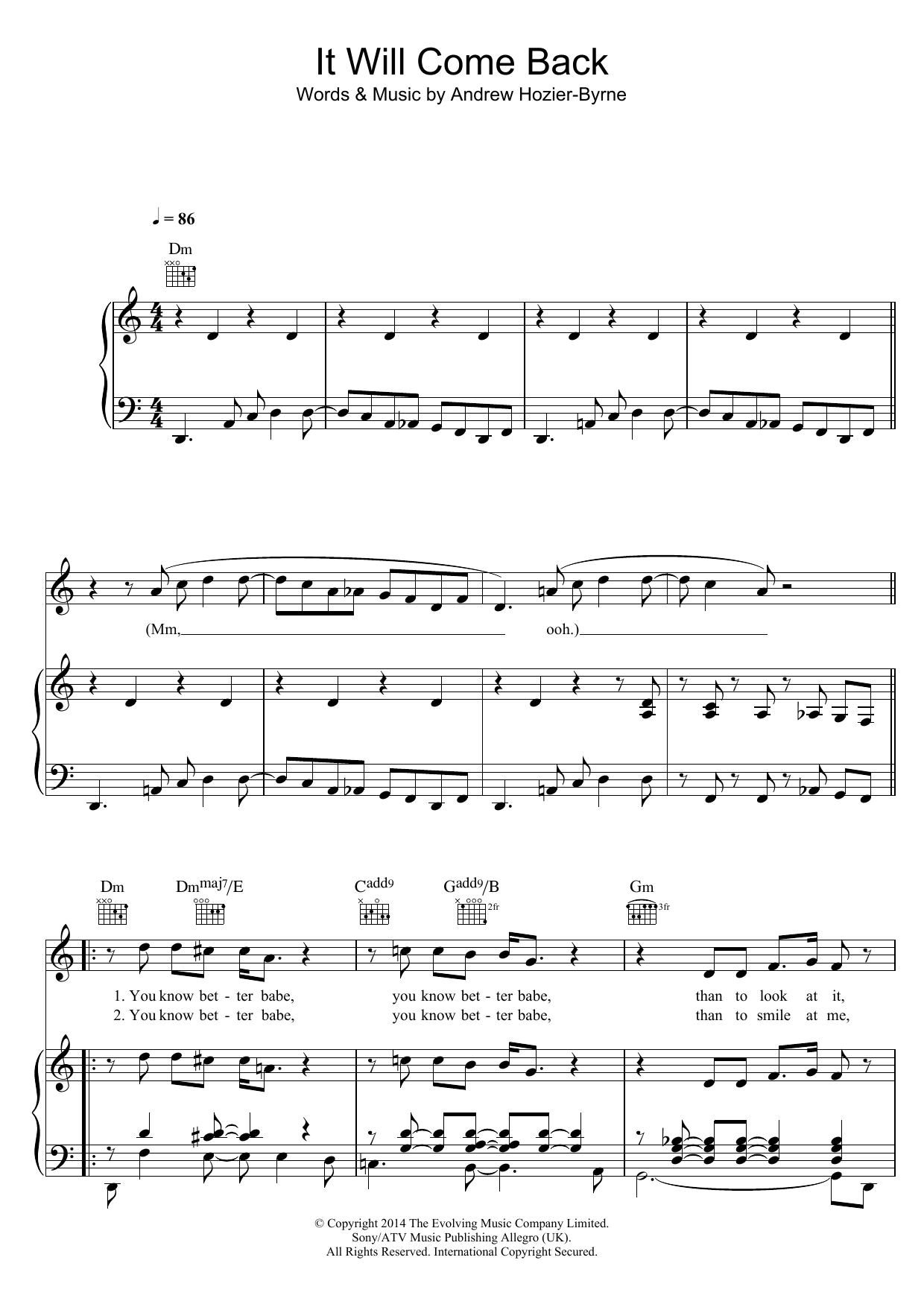 Hozier It Will Come Back sheet music notes and chords arranged for Piano, Vocal & Guitar Chords