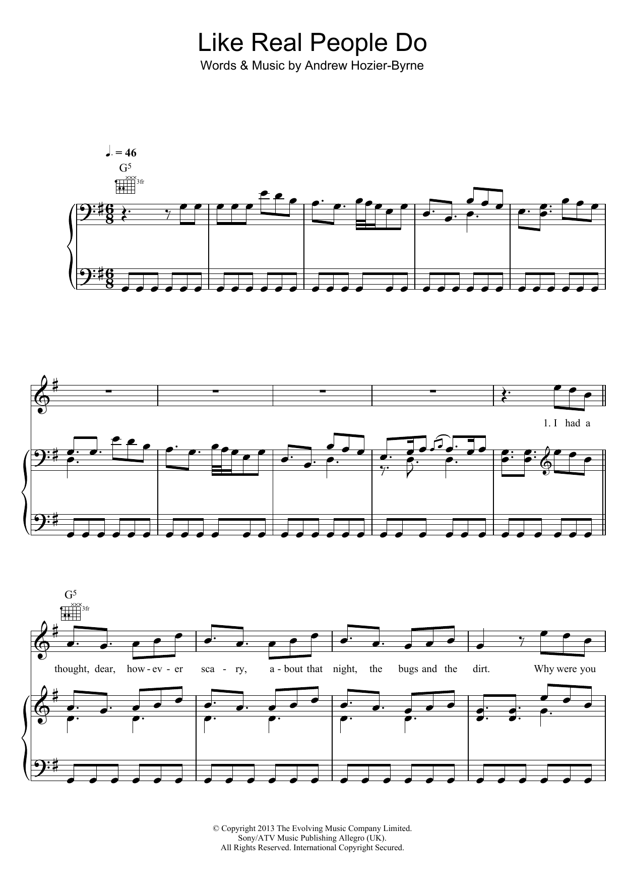 Hozier Like Real People Do sheet music notes and chords arranged for Piano, Vocal & Guitar Chords