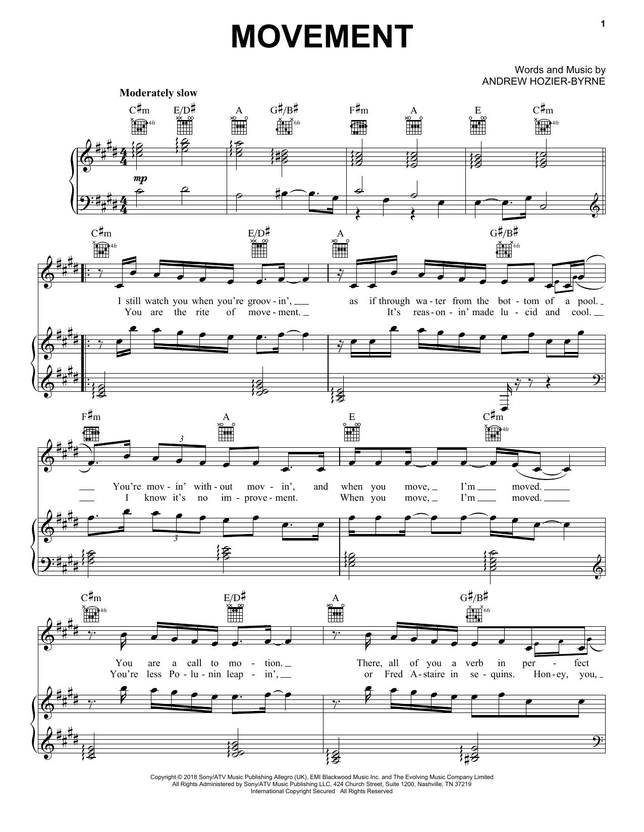 Hozier Movement sheet music notes and chords arranged for Piano, Vocal & Guitar Chords (Right-Hand Melody)