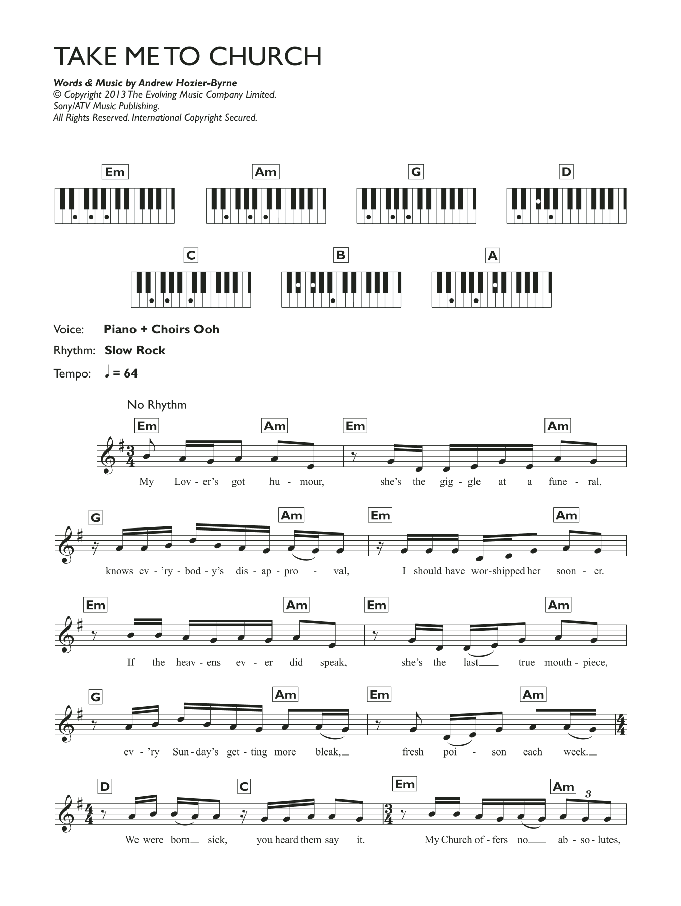 Hozier Take Me To Church sheet music notes and chords arranged for Piano Chords/Lyrics