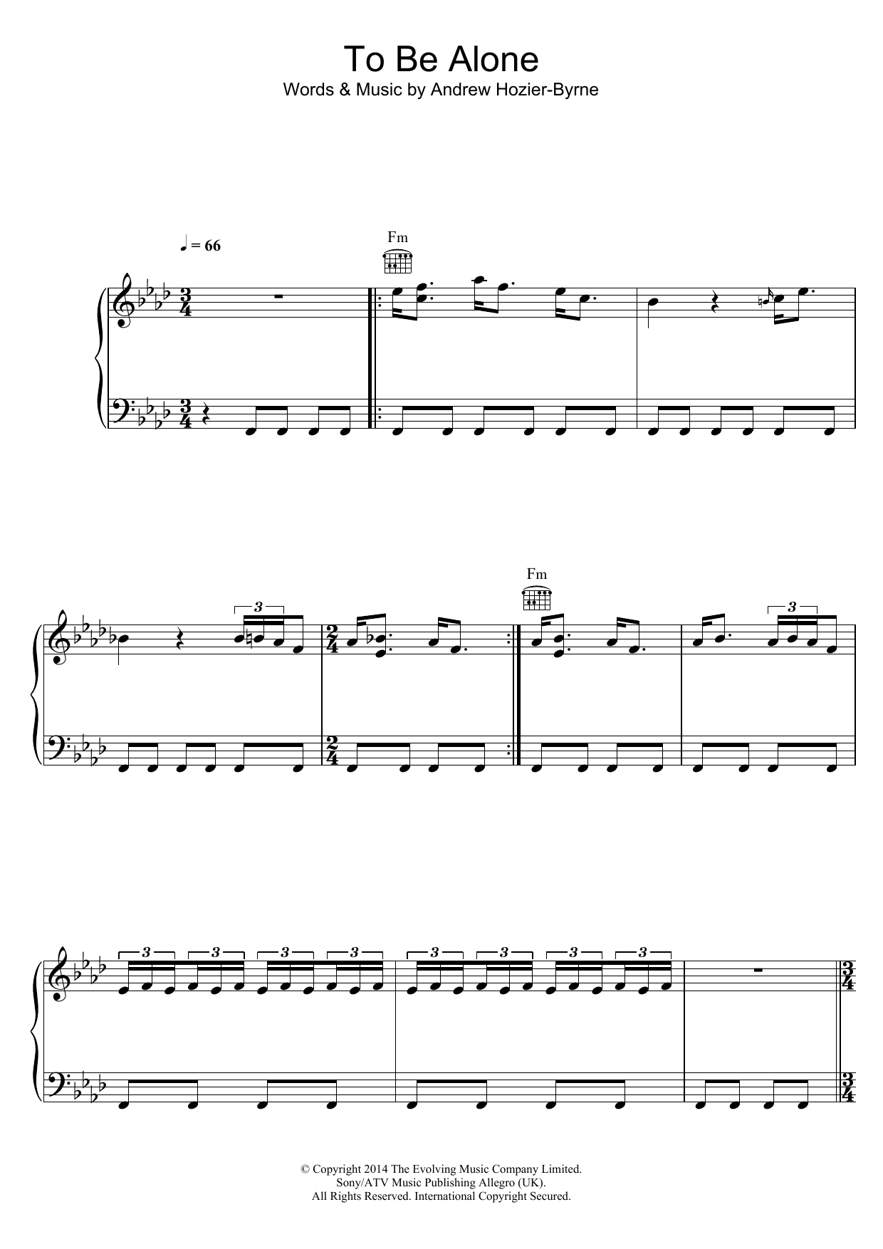 Hozier To Be Alone sheet music notes and chords arranged for Piano, Vocal & Guitar Chords