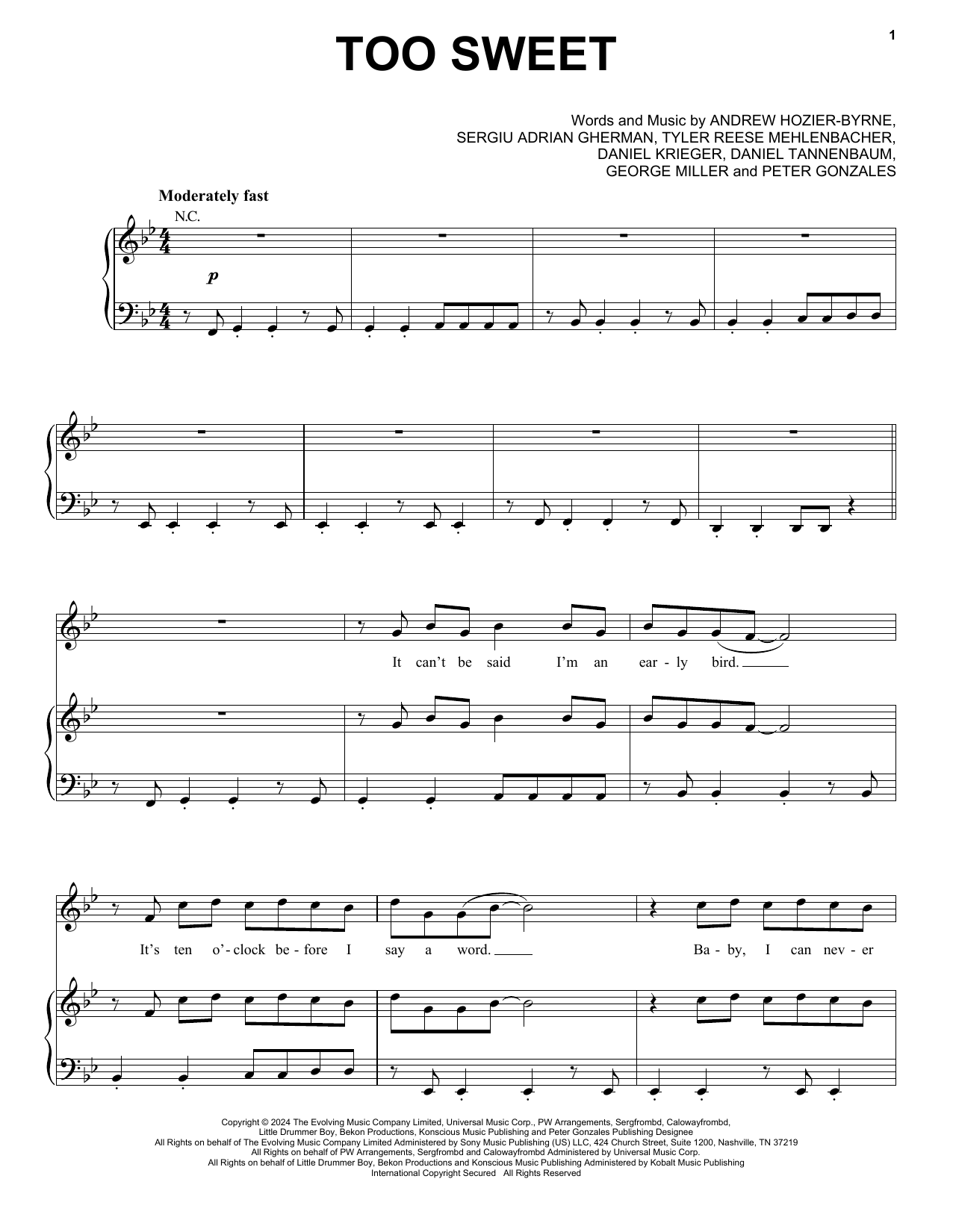 Hozier Too Sweet sheet music notes and chords arranged for Really Easy Guitar