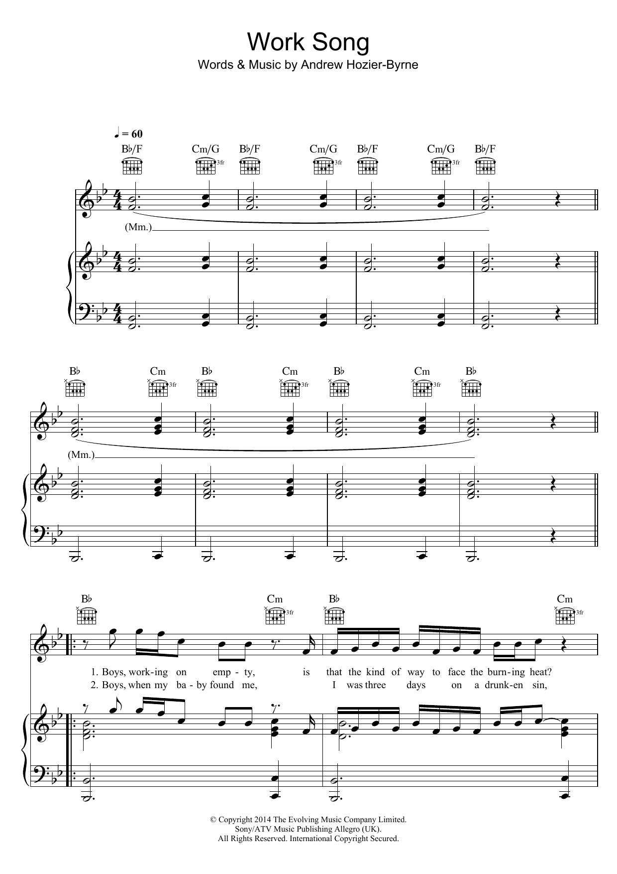 Hozier Work Song sheet music notes and chords arranged for Piano, Vocal & Guitar Chords