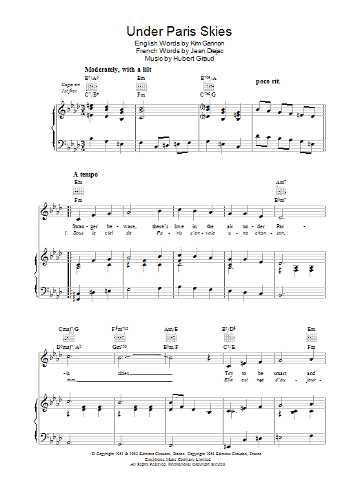 Hubert Giraud Under Paris Skies (Sous Le Ciel De Paris) sheet music notes and chords arranged for Piano, Vocal & Guitar Chords