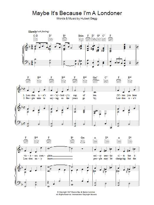 Hubert Gregg Maybe It's Because I'm A Londoner sheet music notes and chords arranged for Piano, Vocal & Guitar Chords