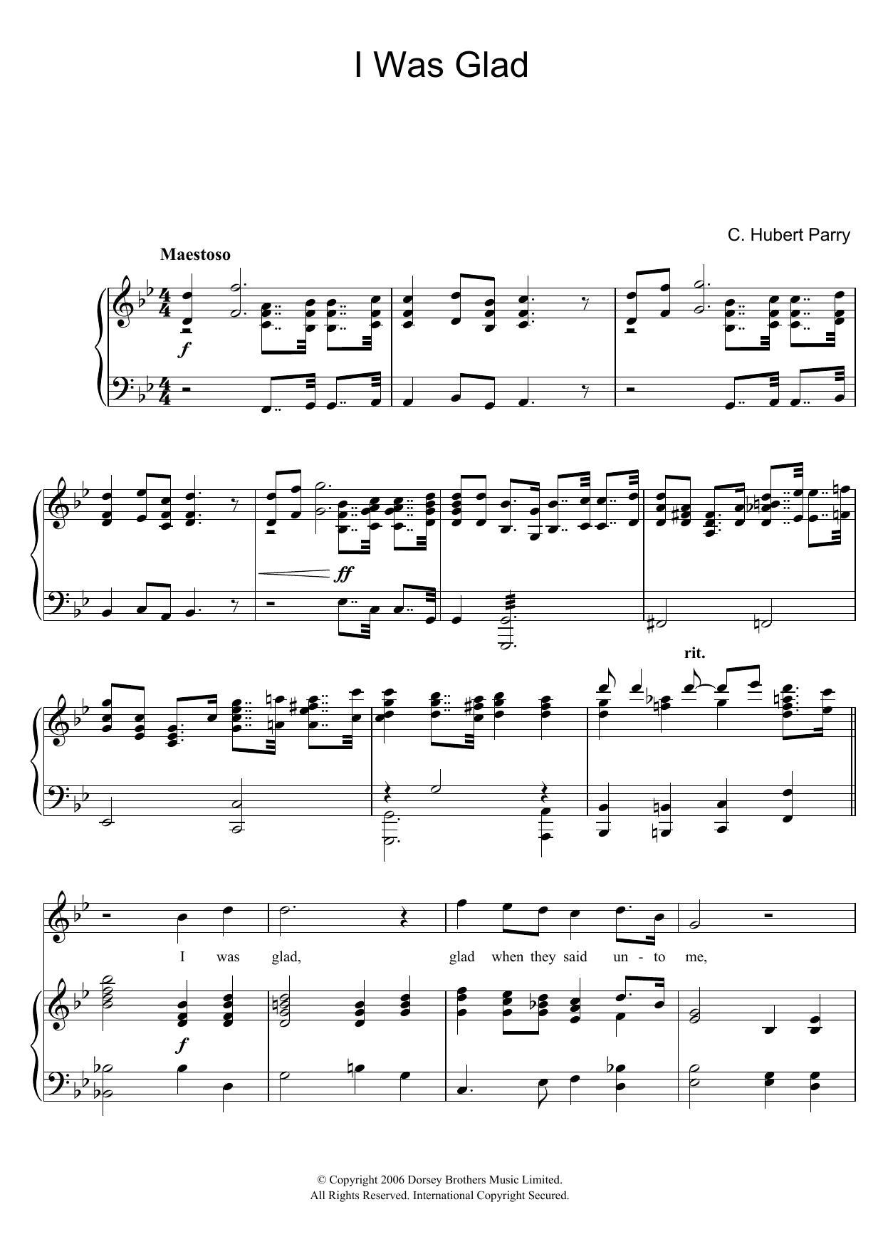 Hubert Parry I Was Glad sheet music notes and chords arranged for Piano & Vocal