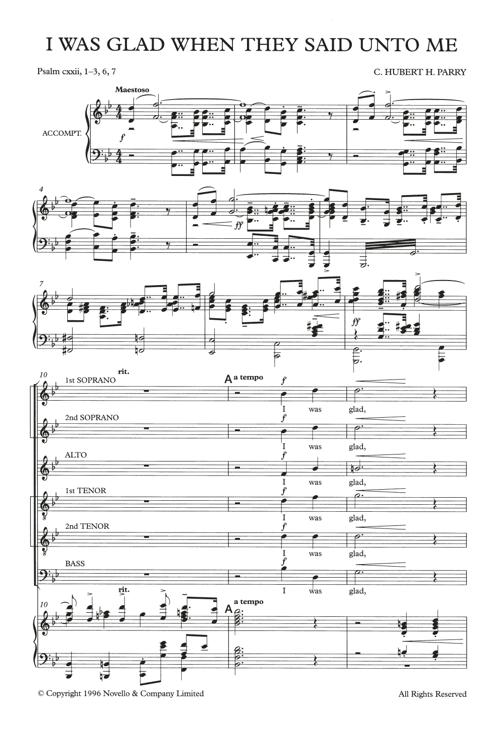 Hubert Parry I Was Glad When They Said Unto Me sheet music notes and chords arranged for Piano, Vocal & Guitar Chords