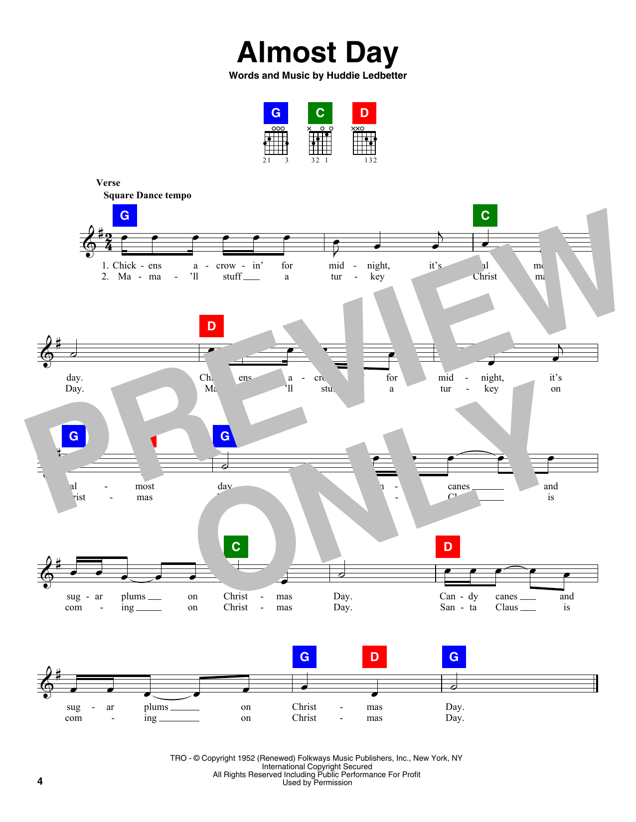 Huddie Ledbetter Almost Day sheet music notes and chords arranged for ChordBuddy
