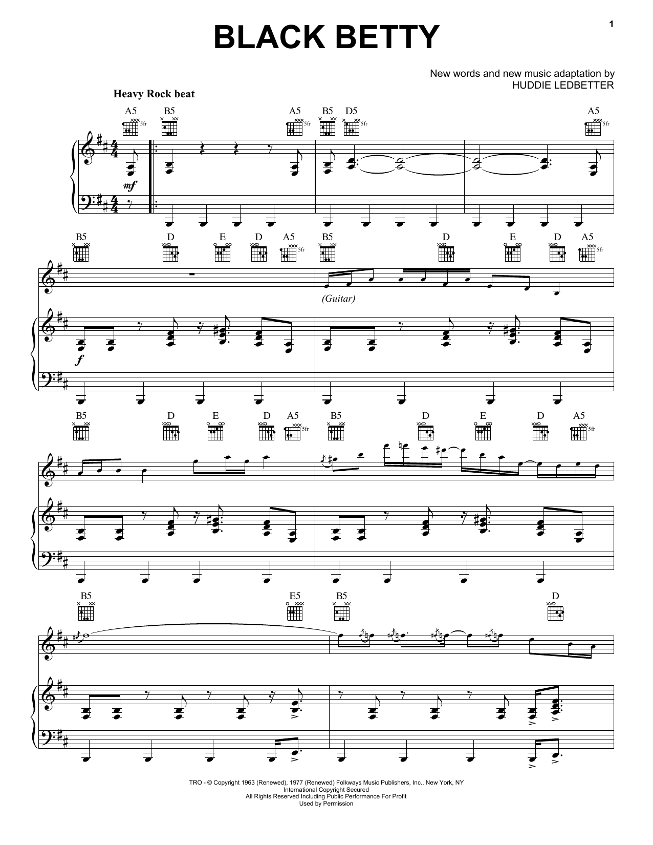 Huddie Ledbetter Black Betty sheet music notes and chords arranged for Piano, Vocal & Guitar Chords (Right-Hand Melody)