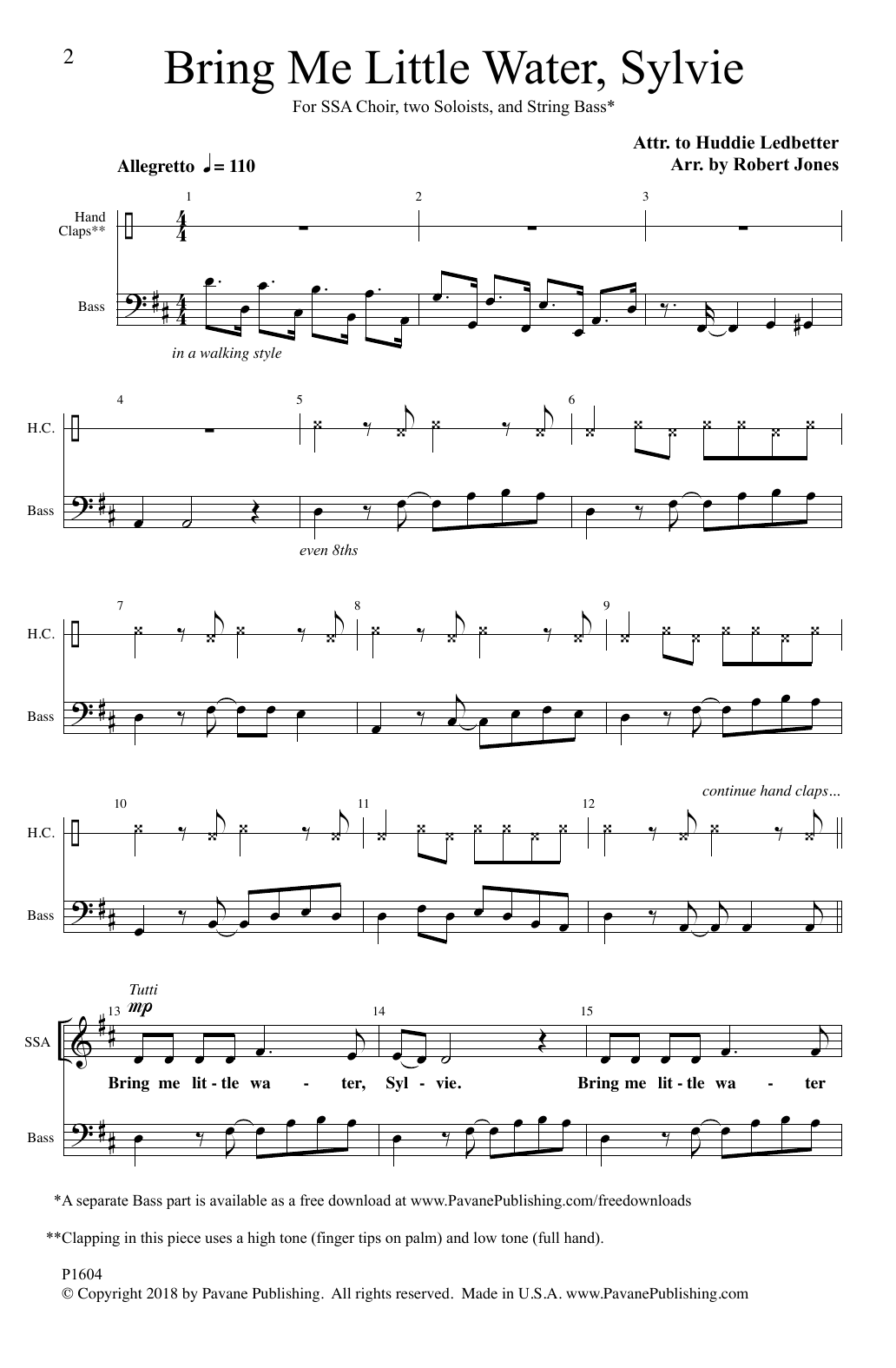 Huddie Ledbetter Bring Me Little Water Sylvie sheet music notes and chords arranged for SSA Choir