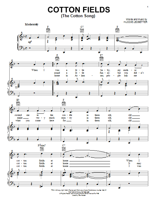 Huddie Ledbetter Cotton Fields (The Cotton Song) sheet music notes and chords arranged for Piano, Vocal & Guitar Chords (Right-Hand Melody)
